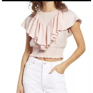 Open Edit Ruffle Linen Blend Crop Top in Pink Lotus Women’s S